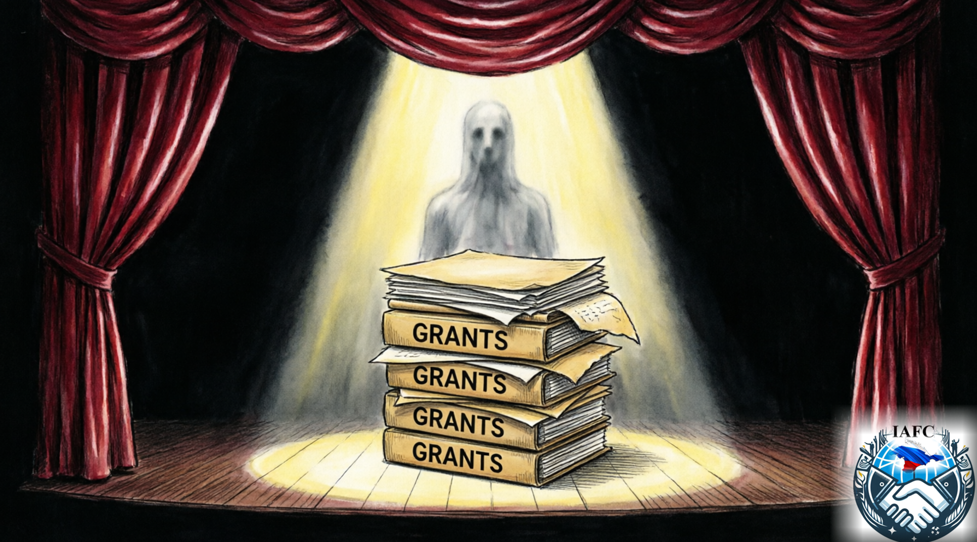 Theater of the Absurd: on stage, stacks of grant folders; behind the curtains, ghosts of unfulfilled fantasies. A spectacle where living people became mere stage props